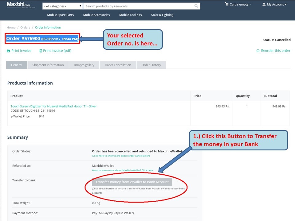 Transfer cash from Maxbhi eWallet to Bank Account